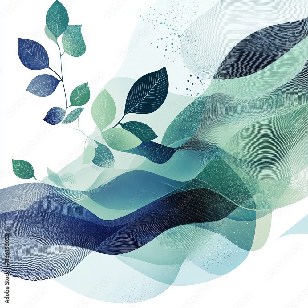 Poster abstract design featuring flowing shapes and green leaves, creating a tranquil and harmonious visual