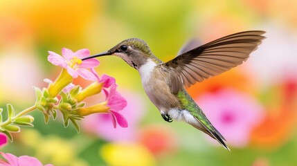 Fototapeta premium Small hummingbird feeds on nectar from bright pink flowers. Bird hovers in air near colourful flowers. Wildlife scene shows small bird feeding. Vibrant colours, focus on detail in nature photo.