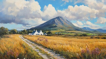 Naklejka premium Scenic Landscape With Mountains and Traditional Cottages Under a Vibrant Sky at Midday