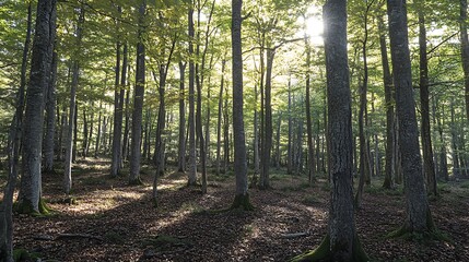 Fototapeta premium Sunlit beech forest with dappled light on the ground and moss.