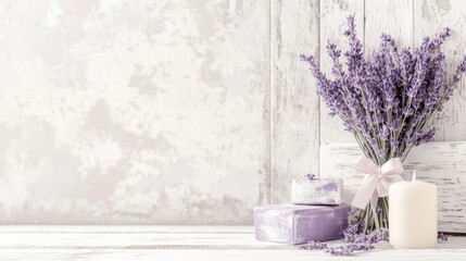 Calming lavender flowers and glowing candles on rustic white wood background, serene still life