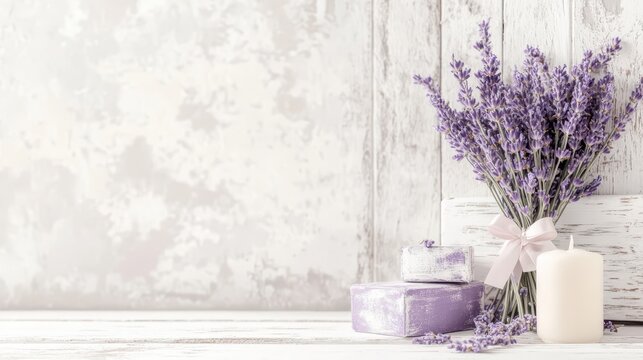 Calming lavender flowers and glowing candles on rustic white wood background, serene still life