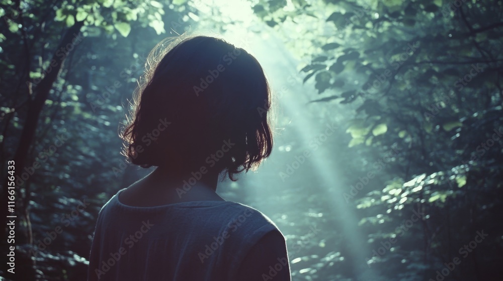 Aufkleber sunlight filters through trees as a person explores a serene forest at dawn