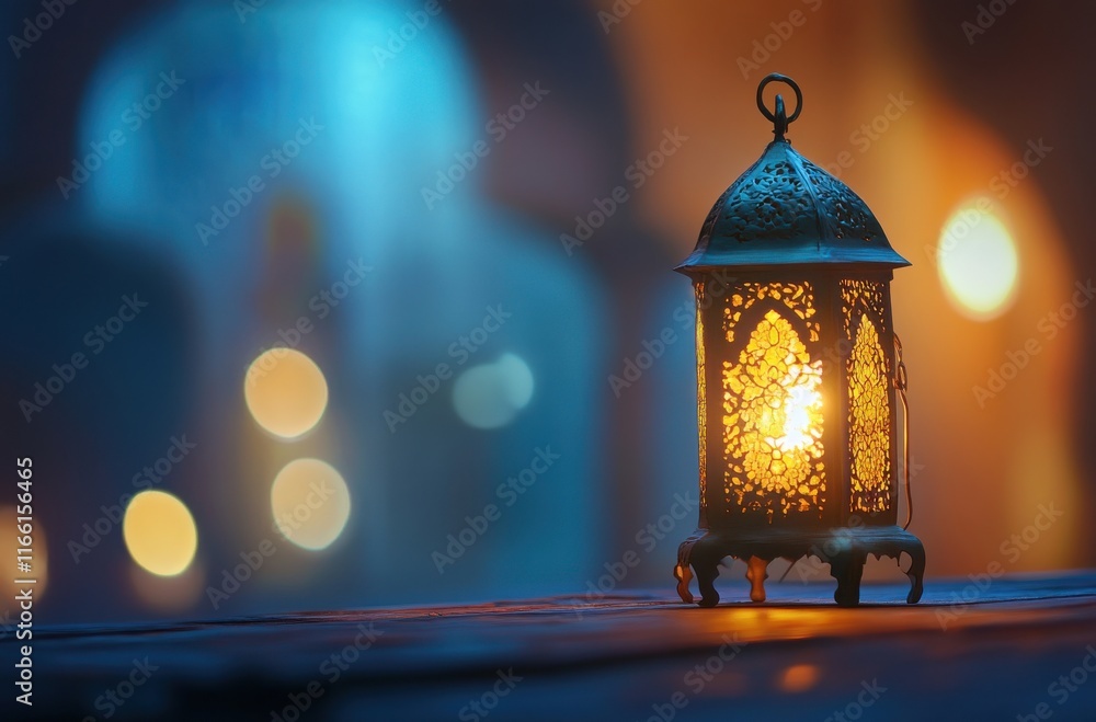 Poster elegant decorative lantern casting warm glow in soft focus, surrounded by beautiful bokeh lights, cr