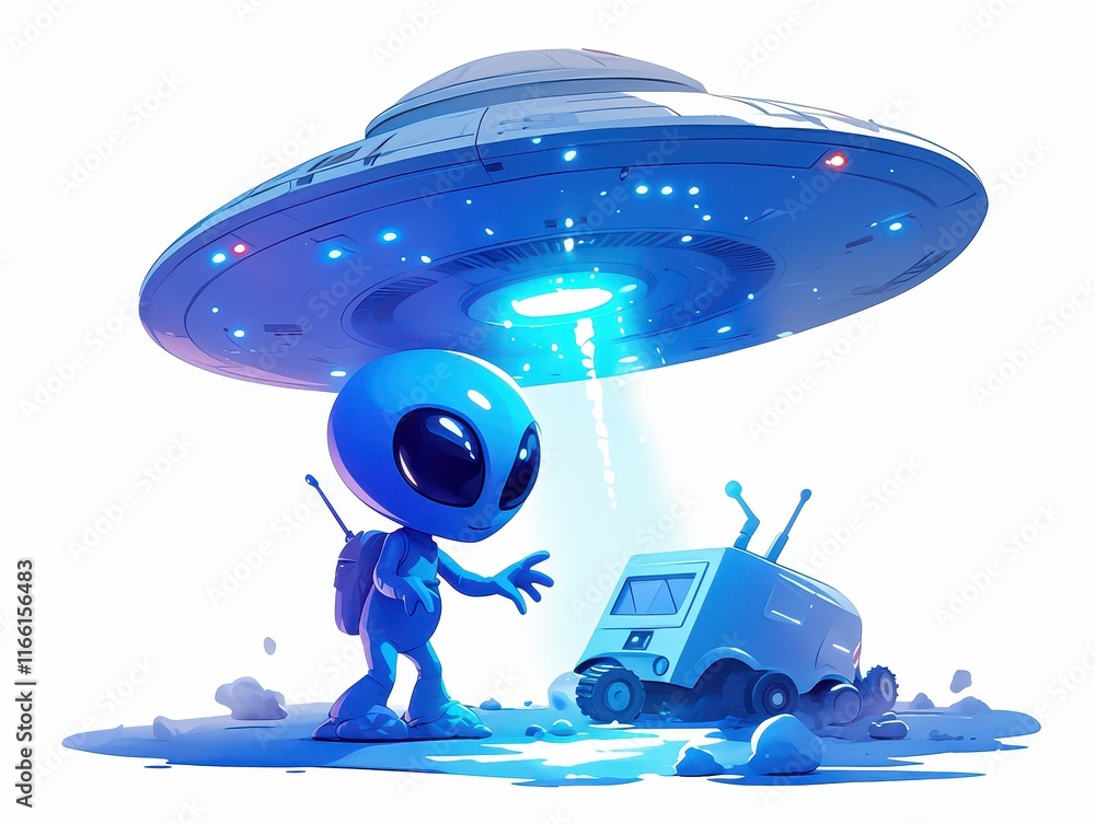 Poster a cartoon alien interacts with a small robot under a ufo.