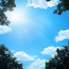 Bright Sunlight Filters Through a Canopy of Trees, Creating a Serene Atmosphere in the Blue Sky During Midday