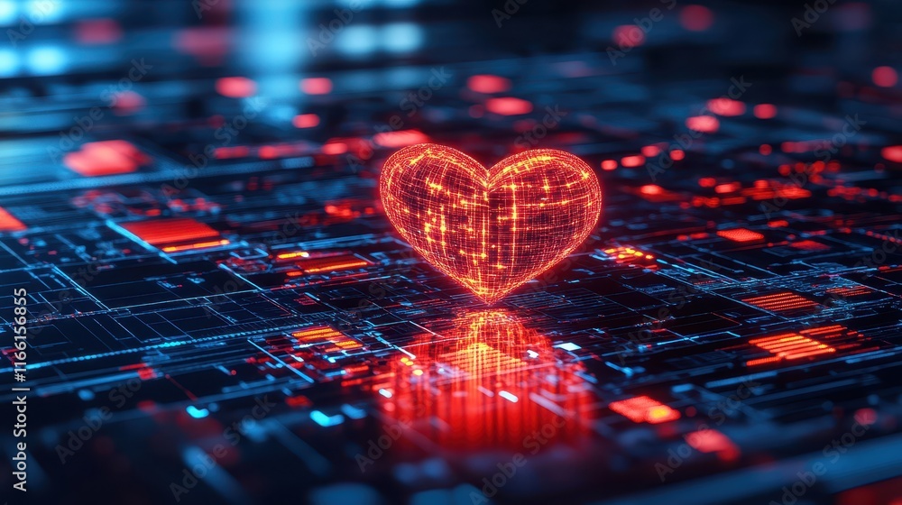 Aufkleber heartshaped circuit board with pulsating red lights, fusion of technology and emotion