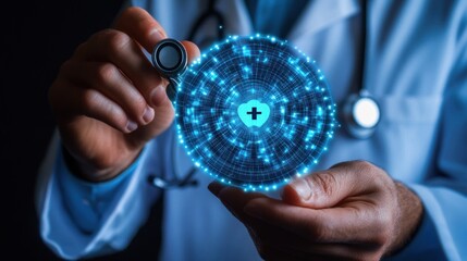Digital Healthcare: Doctor holding a futuristic glowing sphere representing global health and medical innovation.