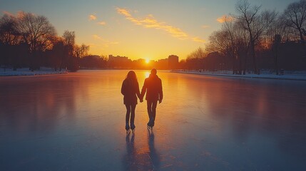 Fototapeta premium Young couple skating hand-in-hand on a quiet frozen pond at dusk