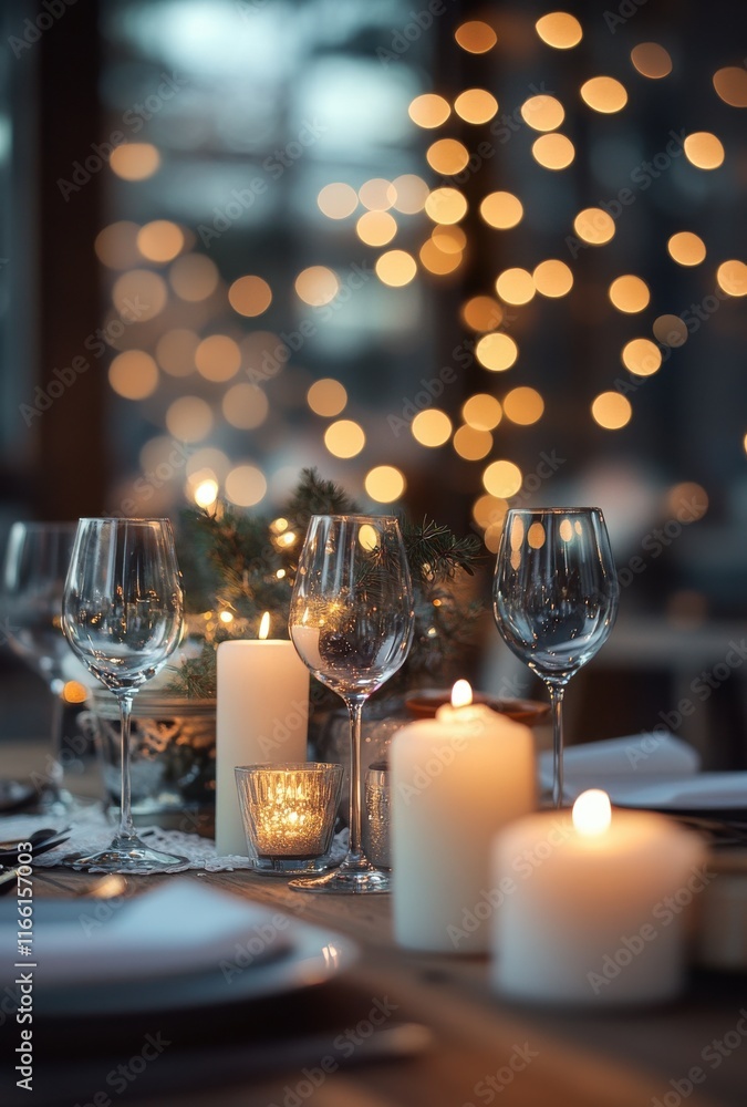 Aufkleber elegant dinner table setting with candles and string lights for a cozy gathering in a beautifully de