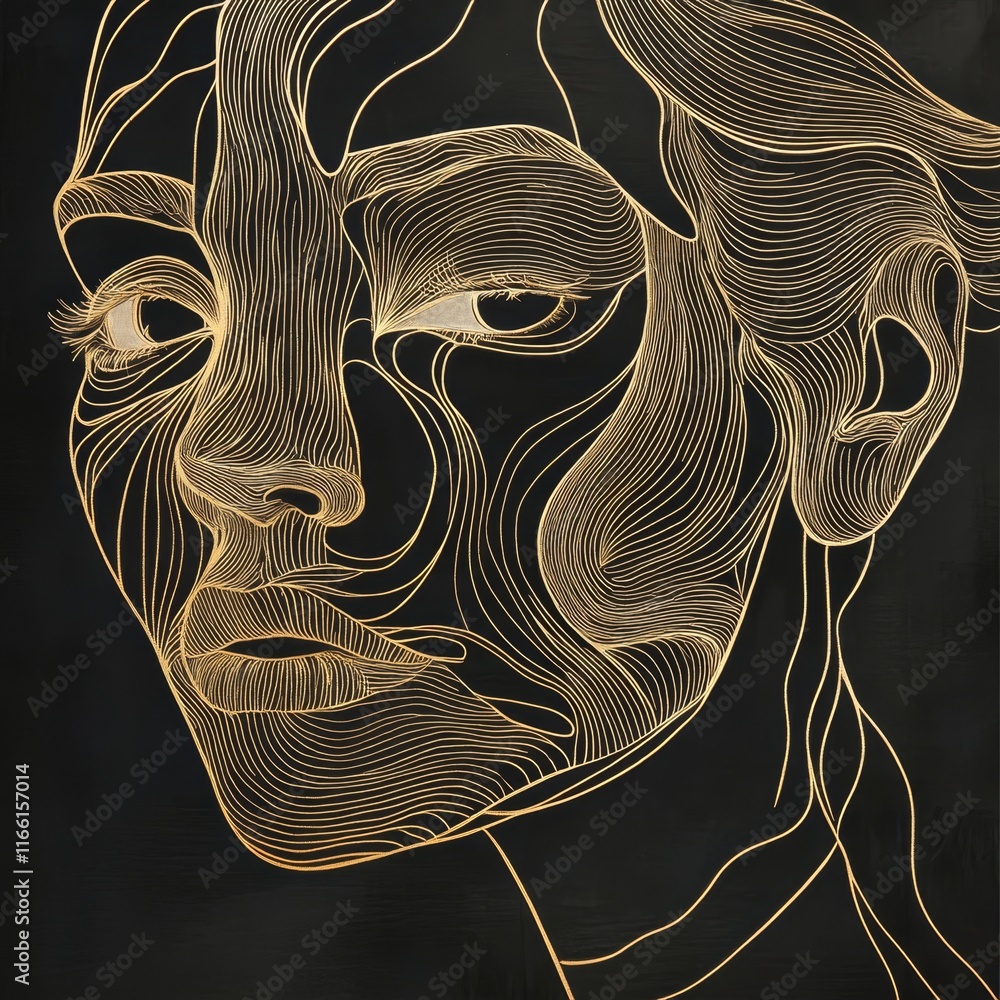 Poster artistic depiction of a woman with flowing lines and intricate patterns highlighted against a dark b