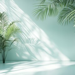 Bright Indoor Space Featuring Lush Green Plants Casting Delicate Shadows Against a Light Blue Wall in the Afternoon Light, Creating a Serene and Peaceful Atmosphere