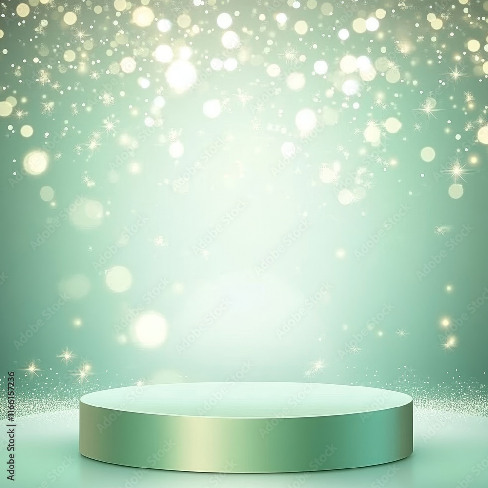 Poster Circular Display Pedestal Set Against a Soft Green Bokeh Background With Shimmering Lights Creates a Dreamy Atmosphere for Presentations or Events