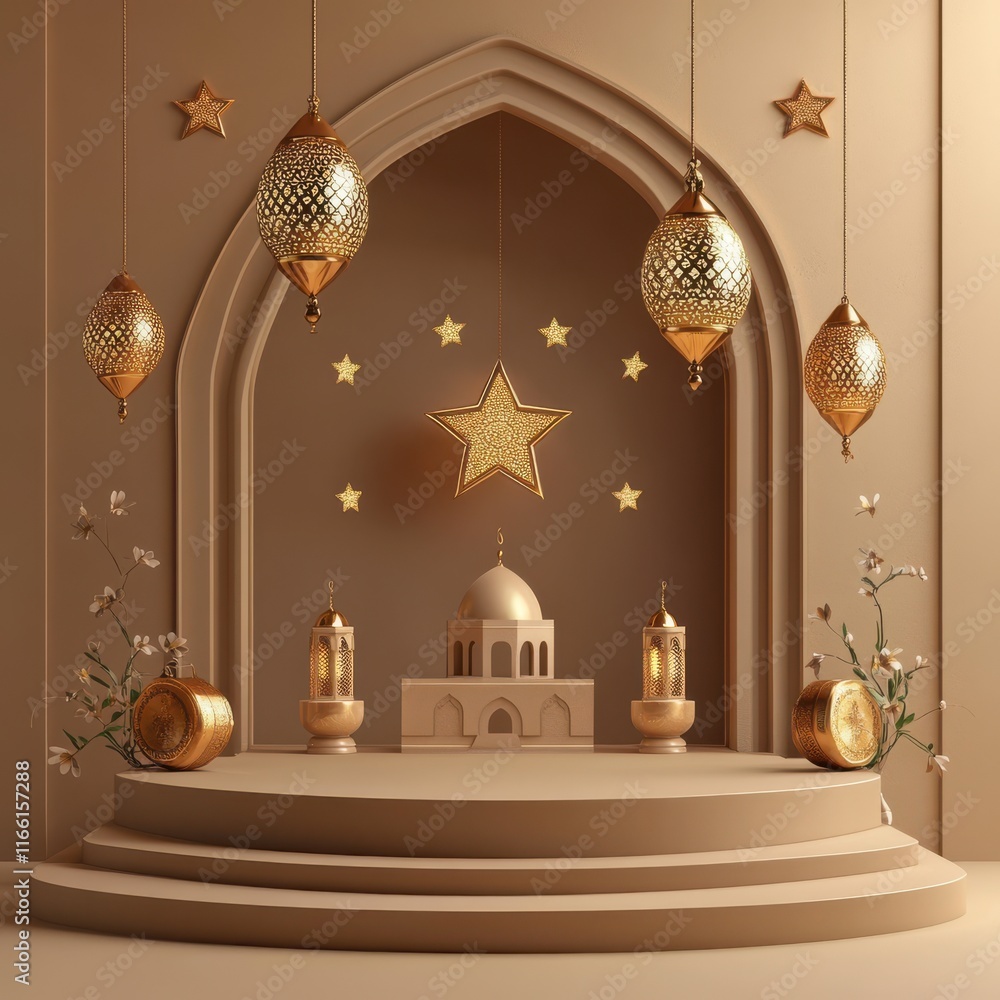 Poster elegant display of warm-toned lanterns and decorative ornaments in a serene environment, showcasing 