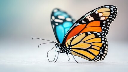 Obraz premium Vivid butterfly, closeup of orange and blue wings in nature's embrace