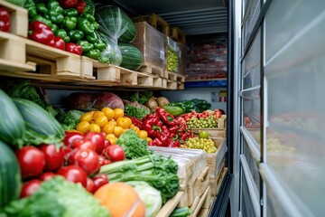 Obraz premium Cold chain logistics ensure food safety. Perishable goods like produce carefully loaded onto refrigerated truck. Wooden pallets stacked high with various fresh vegetables, fruits. Precise temperature