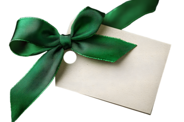 gift tag with green ribbon bow isolated