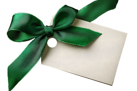 gift tag with green ribbon bow isolated