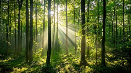 Sunbeams illuminate a lush green forest at dawn.