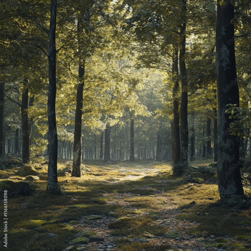 Poster sunlight filtering through trees in a serene forest path during early morning hours