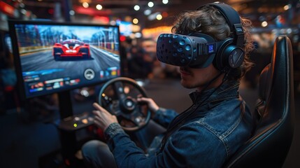 Man wears VR headset, uses racing simulator. Sits in gaming venue, drives virtual car. Simulator setup steering wheel, display. Person experiences virtual reality racing. Gaming tech entertainment