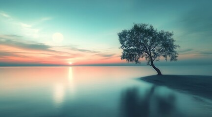 Fototapeta premium Sunset View Over Calm Water With a Solitary Tree Standing on a Small Shore Under a Pastel Sky