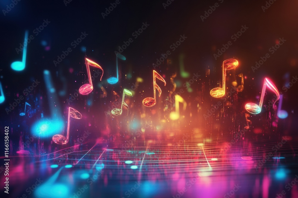 Poster Flowing musical staff lines with glowing neon notes create a vibrant visual symphony in a dark space. Generative AI
