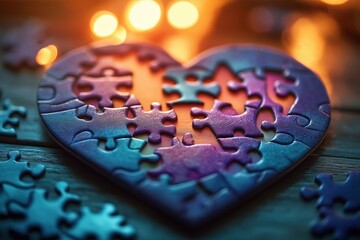Close-up view of heart-shaped puzzle. Pieces mostly assembled but not complete. Colorful tones of purple, blue. Suggesting love, connection challenges need patience, perseverance. Shows hope, meaning
