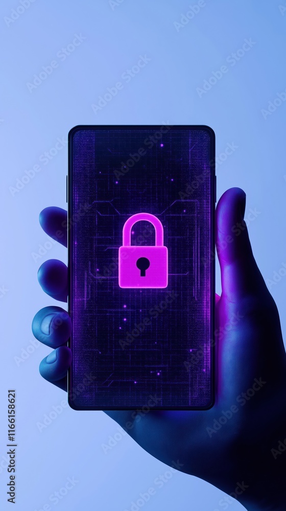 Aufkleber hand holds smartphone with glowing lock icon. mobile security concept shows data protection. illustr