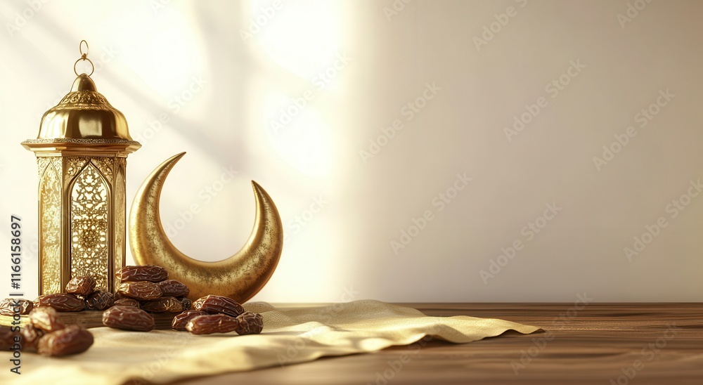 Poster elegant lantern and crescent moon with dates on a soft fabric background for celebratory or religiou