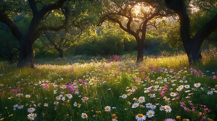 Fototapeta premium Sunlit meadow with wildflowers and trees at sunset.