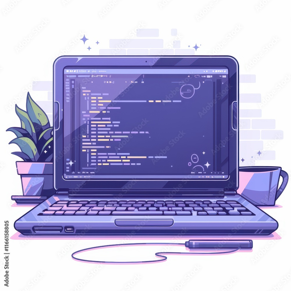 Poster a laptop displaying coding on a desk with plants and a cup.