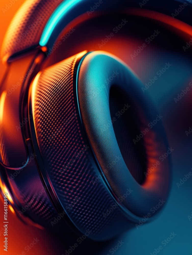 Poster Close up view of modern headphones showcasing intricate design and vibrant colors with a dynamic background. Generative AI