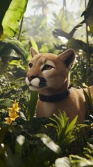 Cougar in lush rainforest, wearing a black collar, looking to the side.