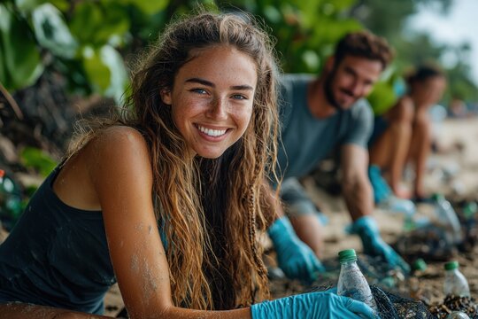 Young volunteers engage in beach cleanup while smiling and working together under warm sunlight