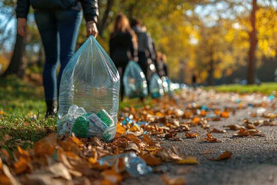 Community members collect litter during an environmental cleanup in a park on a sunny autumn day