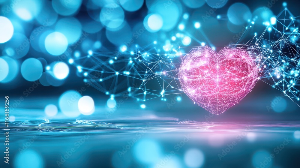 Poster interconnected heart, network of lines and dots symbolizing love connection in relationships