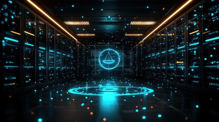 Server room with glowing sailboat icon, data storage.