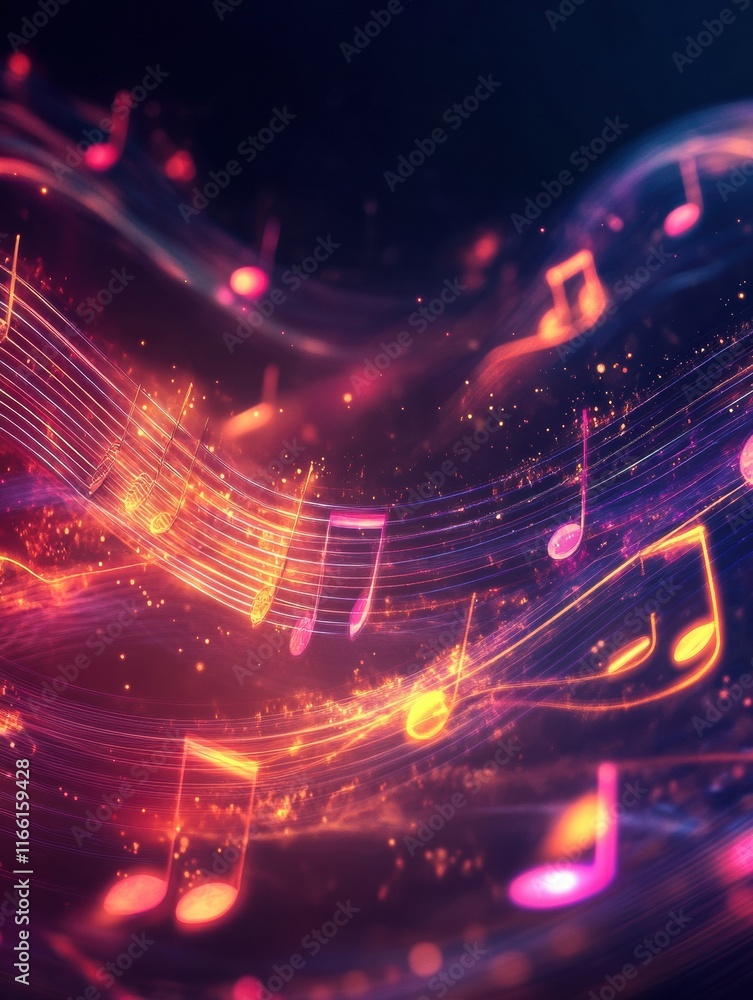 Aufkleber flowing musical staff lines illuminated in vibrant neon tones create a mesmerizing visual symphony o