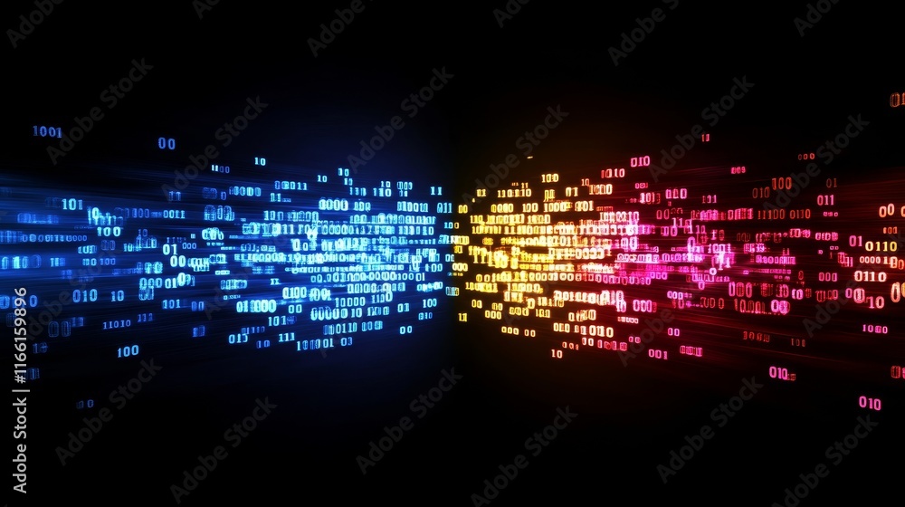 Poster colorful binary data streams converging abstractly in a digital landscape