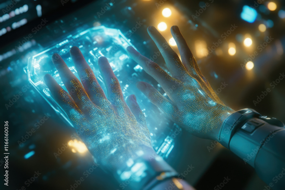 Aufkleber glowing hands interact with a futuristic, translucent interface, showcasing advanced technology and 