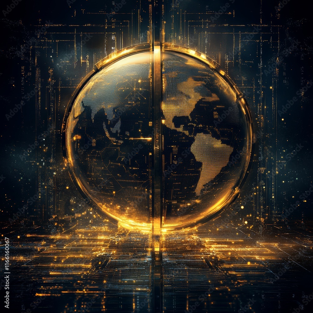 Poster golden globe design featuring a digital representation of earth illuminated against a dark backgroun