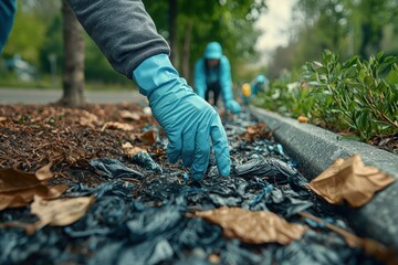 Naklejka premium Community volunteers cleaning up littered area during an environmental campaign on a fall afternoon
