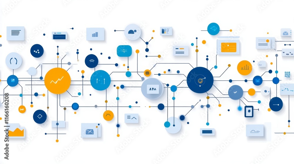 Poster digital data visualization showcasing interconnected graphs, charts, and icons representing analytic