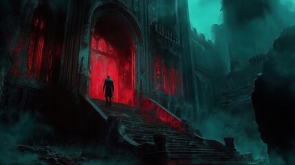 Mysterious man walks up gothic building dark stairs at night. Red light shines through doorway. Creepy, mysterious fantasy illustration. Dramatic architecture. Silhouette of man against glowing