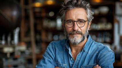 Fototapeta premium Portrait of a mature man wearing glasses, showcasing a confident expression, set in an industrial-style background with subtle lighting, emphasizing a casual and thoughtful demeanor