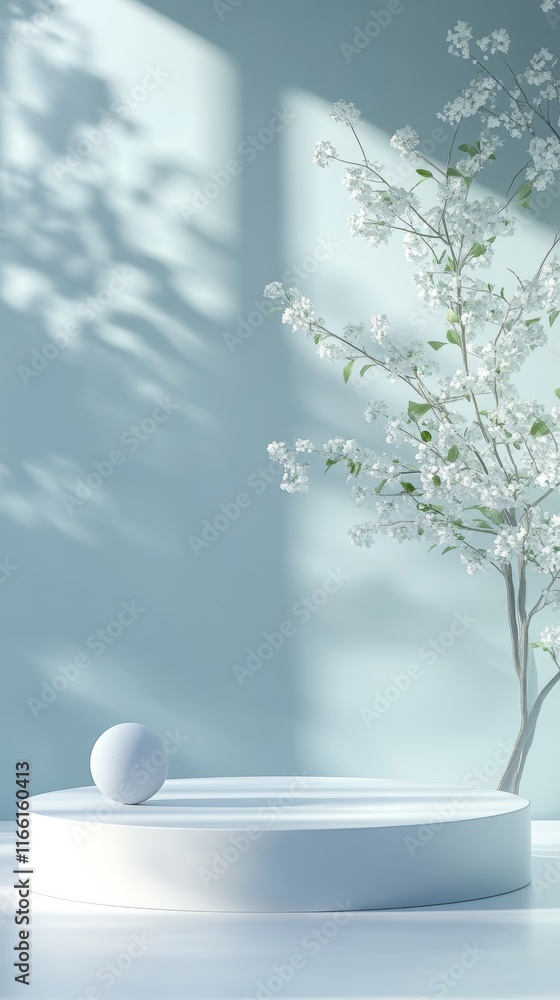 Poster soft light illuminates a minimalistic setting with a white circular display and delicate flowers in 