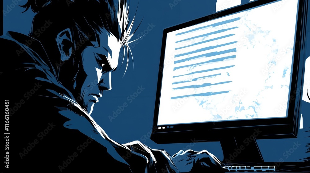 Poster focused individual engaging in intense coding session at a computer workstation during late night ho