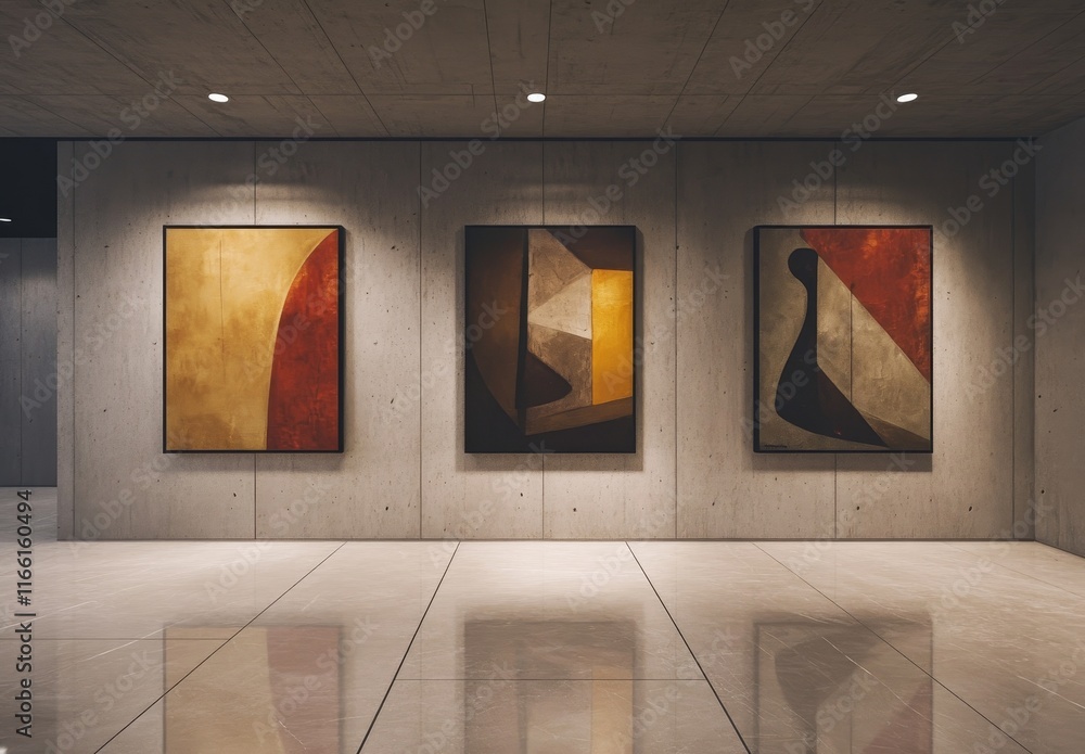 Poster modern abstract art displayed in a minimalist gallery with concrete walls and polished floors during