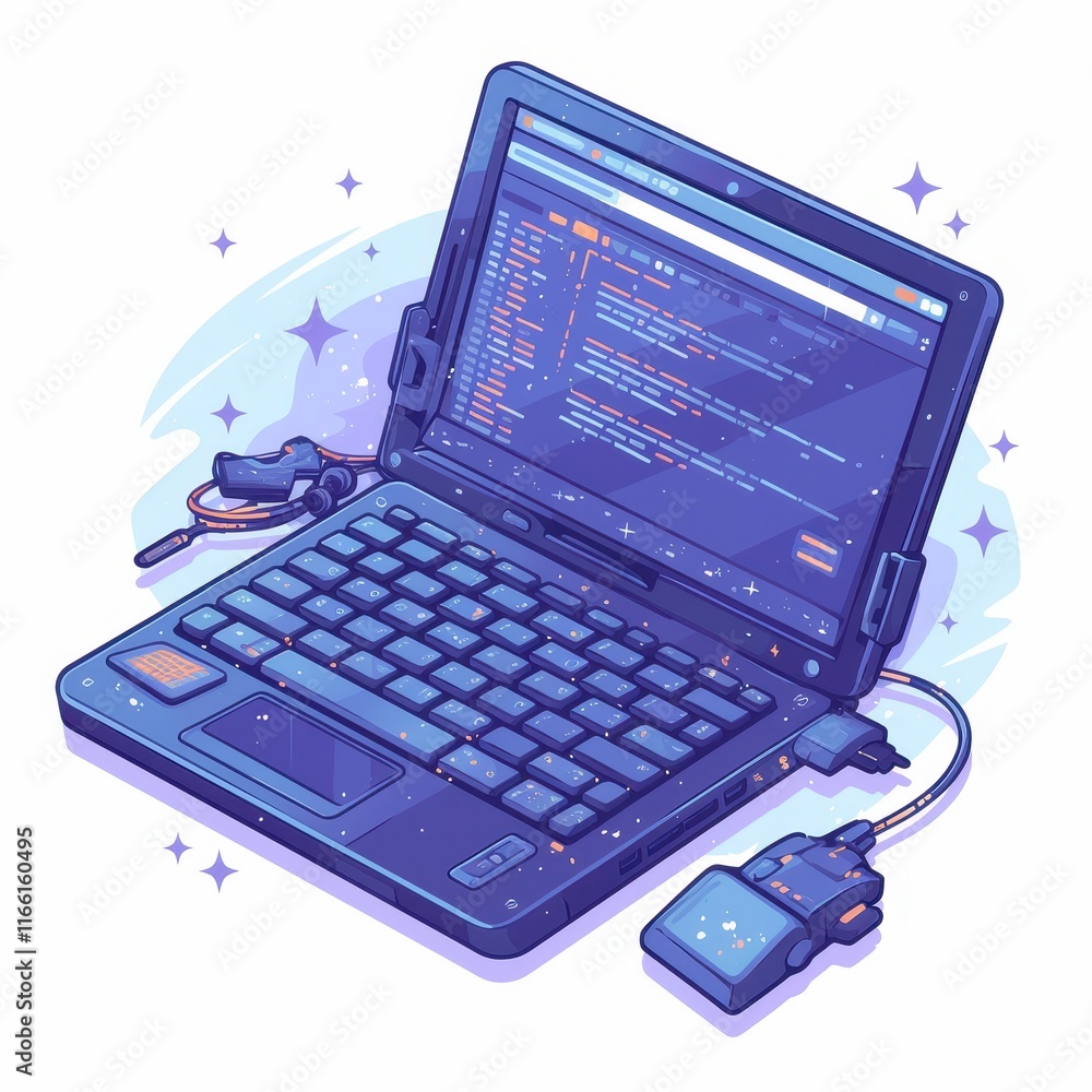 Poster a stylized illustration of a vintage laptop with a mouse and coding interface.